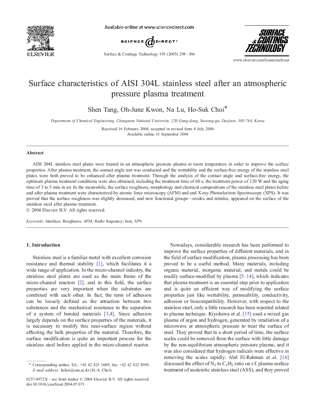 Surface characteristics of AISI 304L stainless steel after an atmospheric pressure plasma treatment