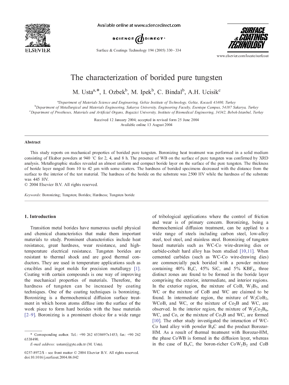 The characterization of borided pure tungsten