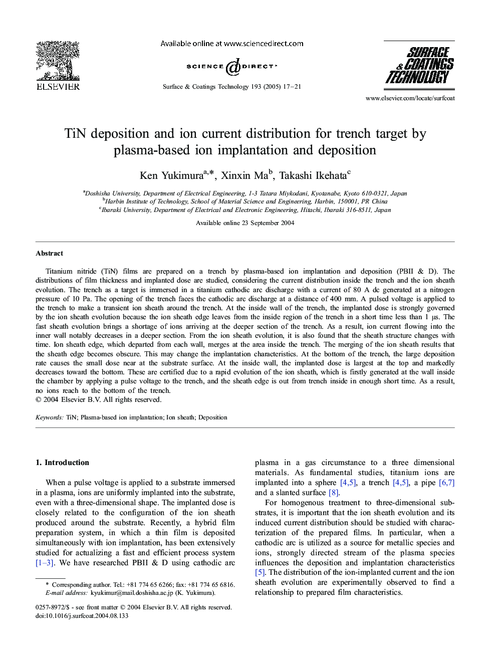 TiN deposition and ion current distribution for trench target by plasma-based ion implantation and deposition