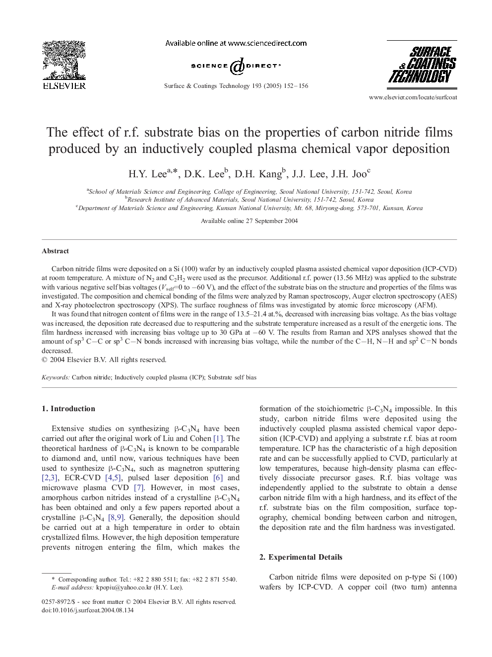 The effect of r.f. substrate bias on the properties of carbon nitride films produced by an inductively coupled plasma chemical vapor deposition