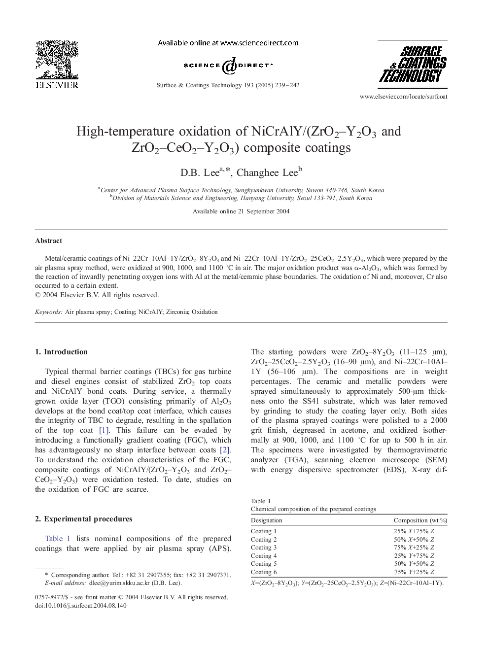 High-temperature oxidation of NiCrAlY/(ZrO2-Y2O3 and ZrO2-CeO2-Y2O3) composite coatings