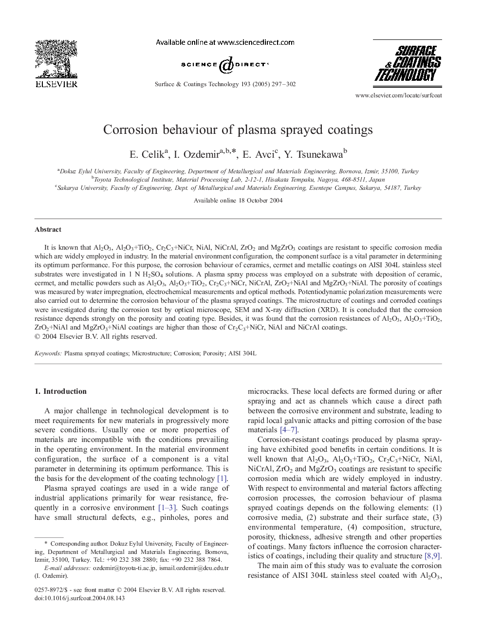 Corrosion behaviour of plasma sprayed coatings