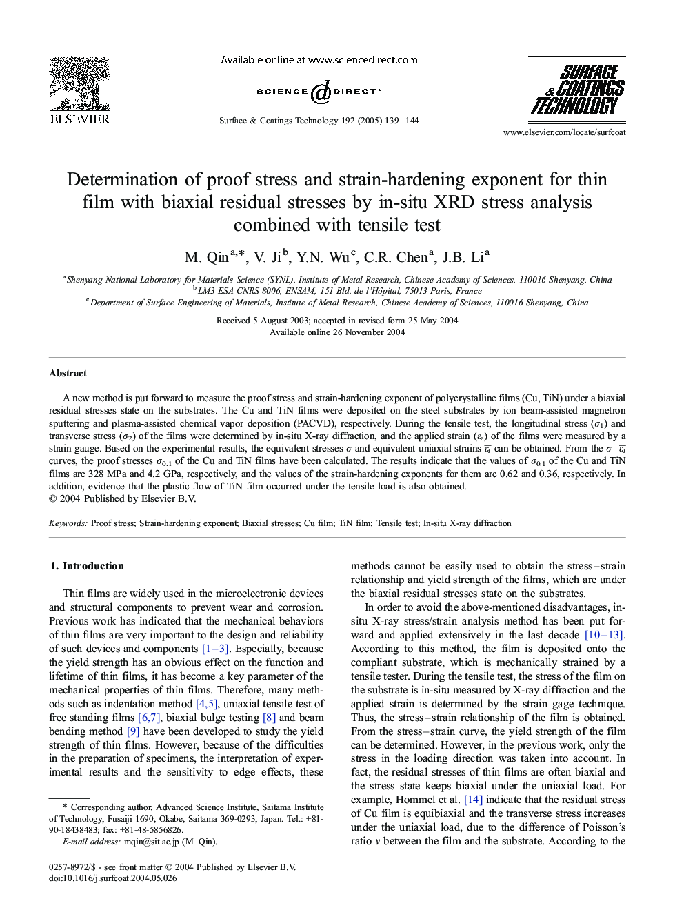 Determination of proof stress and strain-hardening exponent for thin film with biaxial residual stresses by in-situ XRD stress analysis combined with tensile test