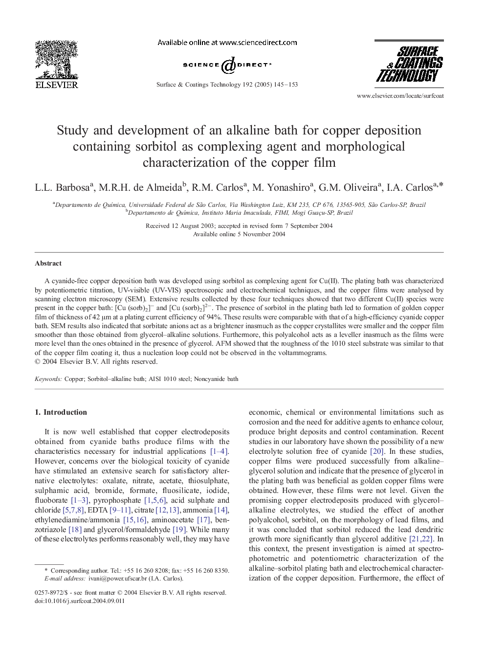 Study and development of an alkaline bath for copper deposition containing sorbitol as complexing agent and morphological characterization of the copper film