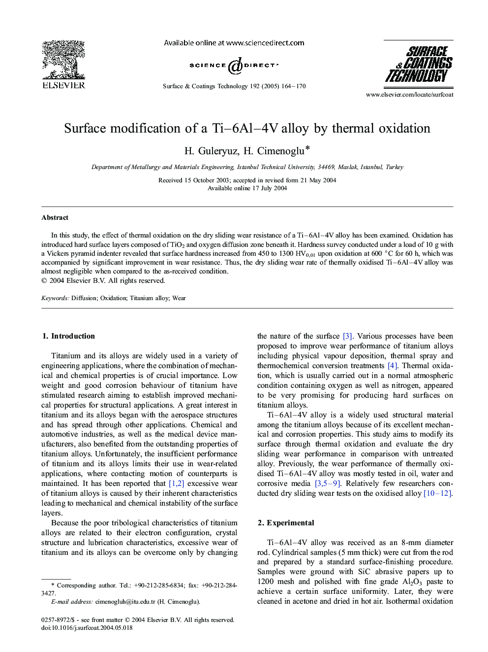 Surface modification of a Ti-6Al-4V alloy by thermal oxidation