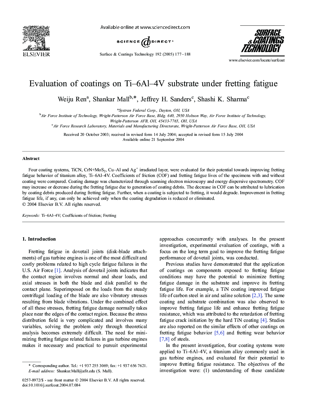 Evaluation of coatings on Ti-6Al-4V substrate under fretting fatigue