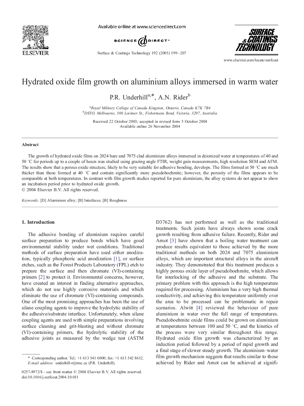 Hydrated oxide film growth on aluminium alloys immersed in warm water