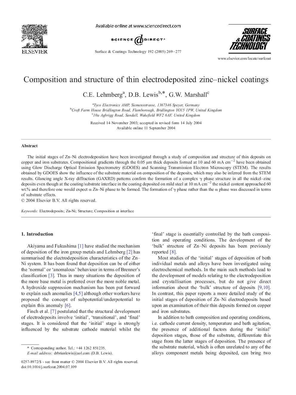 Composition and structure of thin electrodeposited zinc-nickel coatings