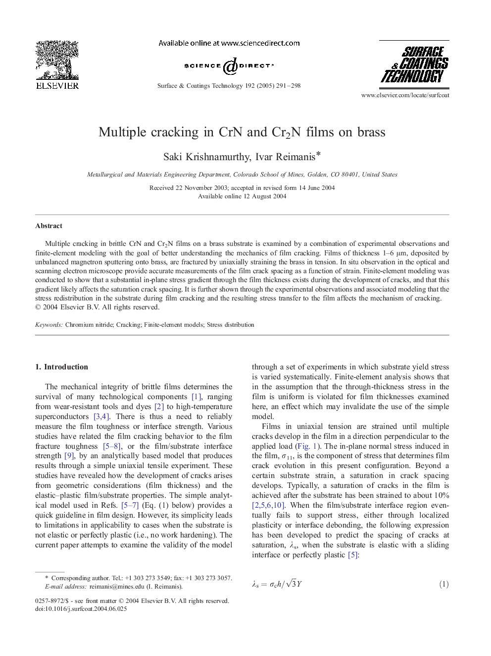 Multiple cracking in CrN and Cr2N films on brass