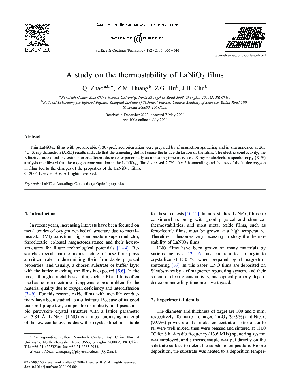 A study on the thermostability of LaNiO3 films