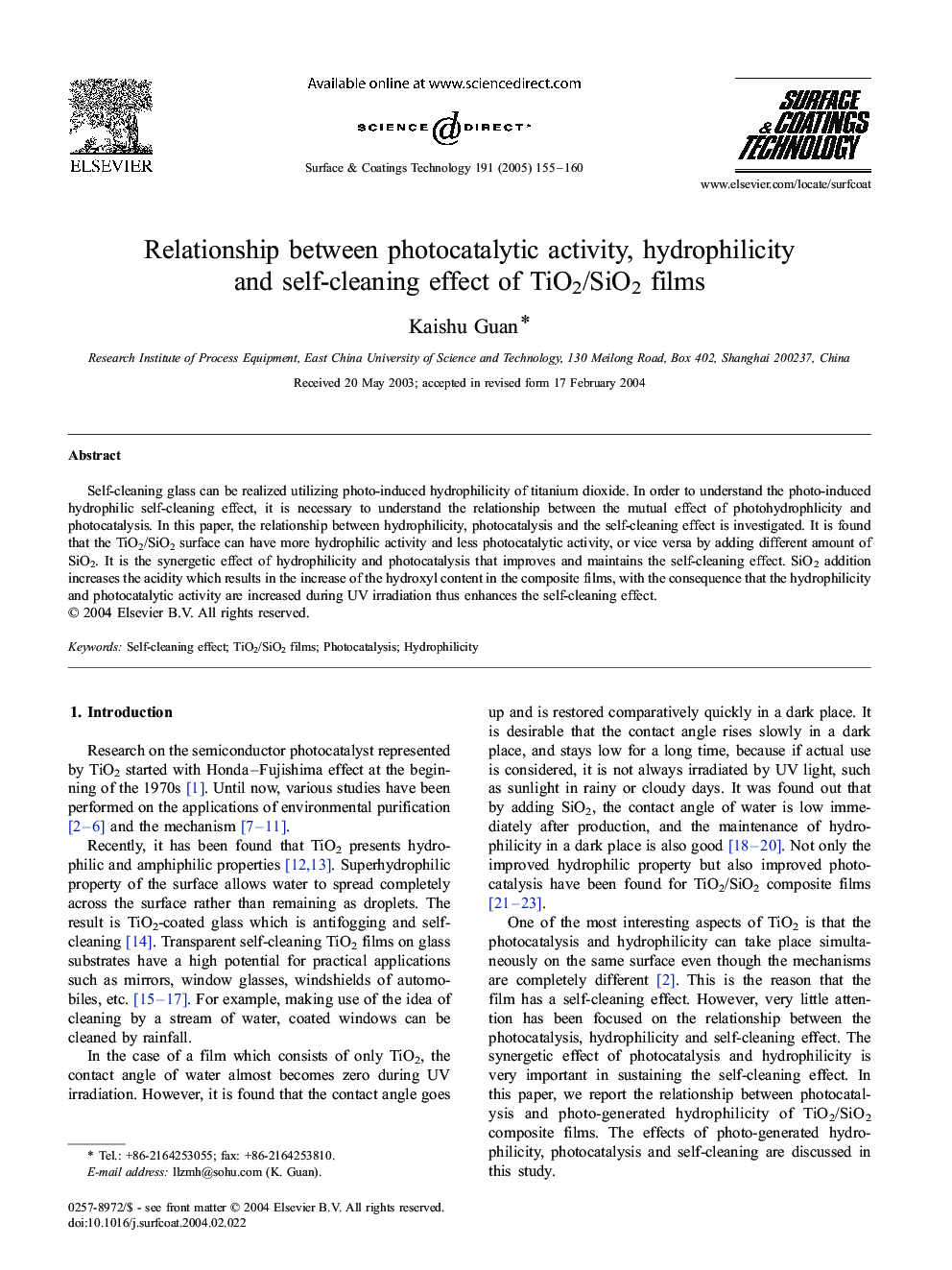 Relationship between photocatalytic activity, hydrophilicity and self-cleaning effect of TiO2/SiO2 films