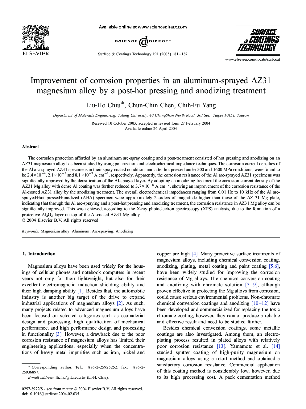 Improvement of corrosion properties in an aluminum-sprayed AZ31 magnesium alloy by a post-hot pressing and anodizing treatment