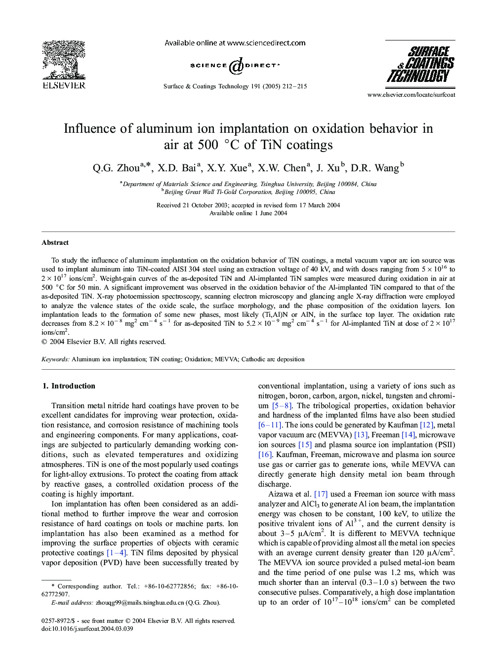 Influence of aluminum ion implantation on oxidation behavior in air at 500 Â°C of TiN coatings