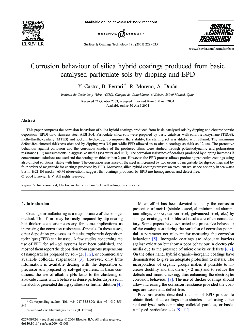 Corrosion behaviour of silica hybrid coatings produced from basic catalysed particulate sols by dipping and EPD