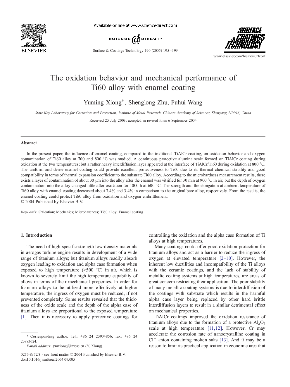 The oxidation behavior and mechanical performance of Ti60 alloy with enamel coating