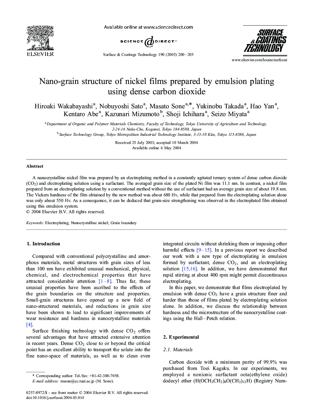 Nano-grain structure of nickel films prepared by emulsion plating using dense carbon dioxide