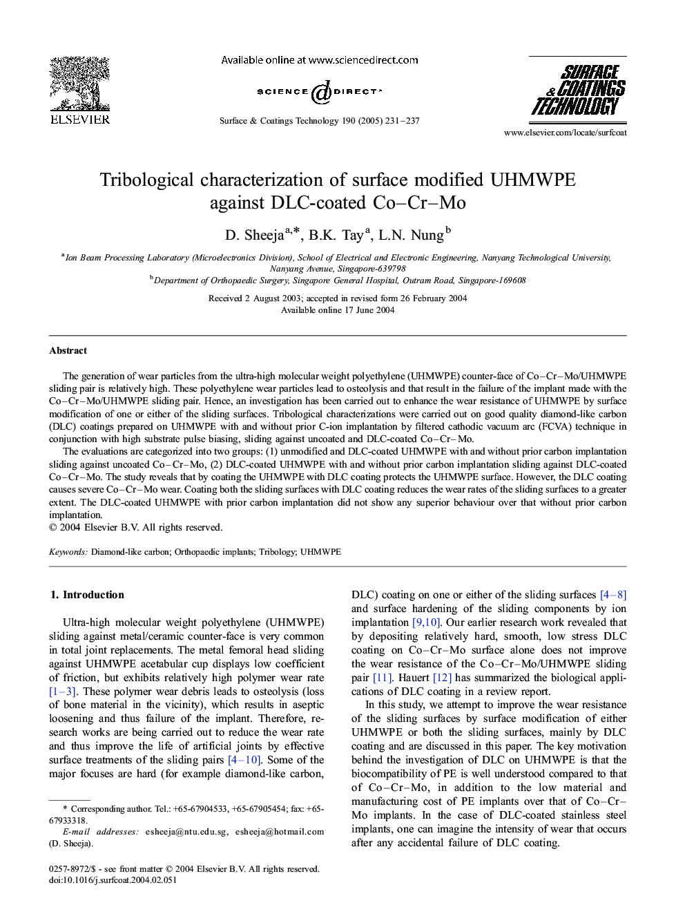 Tribological characterization of surface modified UHMWPE against DLC-coated Co-Cr-Mo