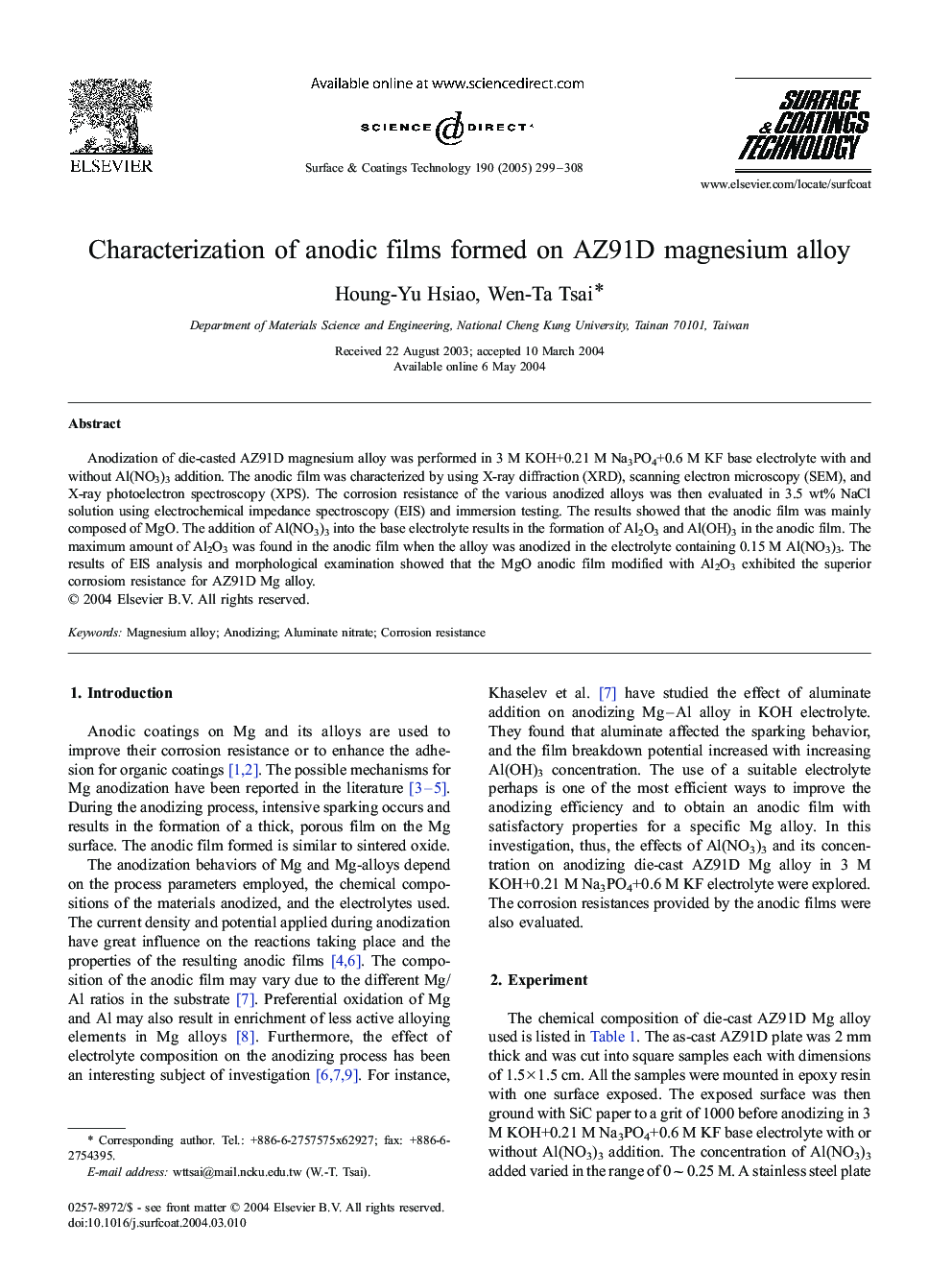 Characterization of anodic films formed on AZ91D magnesium alloy