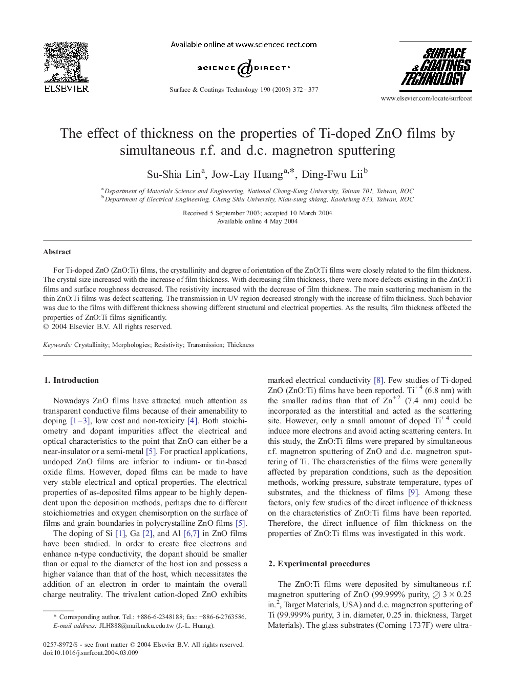 The effect of thickness on the properties of Ti-doped ZnO films by simultaneous r.f. and d.c. magnetron sputtering