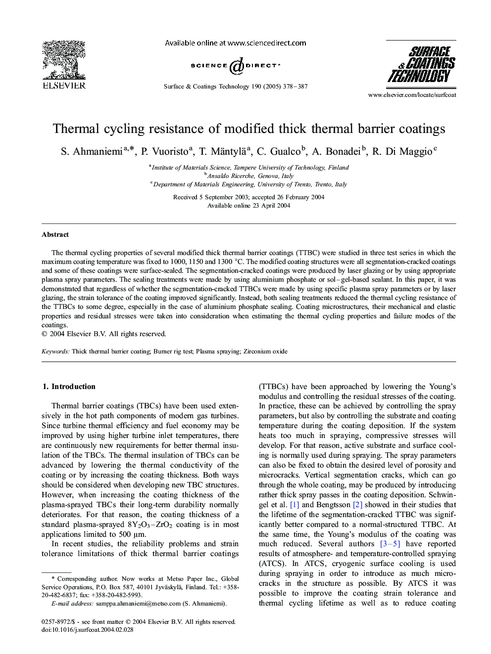 Thermal cycling resistance of modified thick thermal barrier coatings