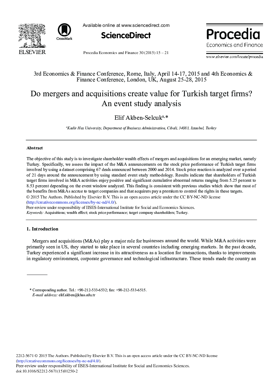 Do Mergers and Acquisitions Create Value for Turkish Target Firms? An Event Study Analysis 