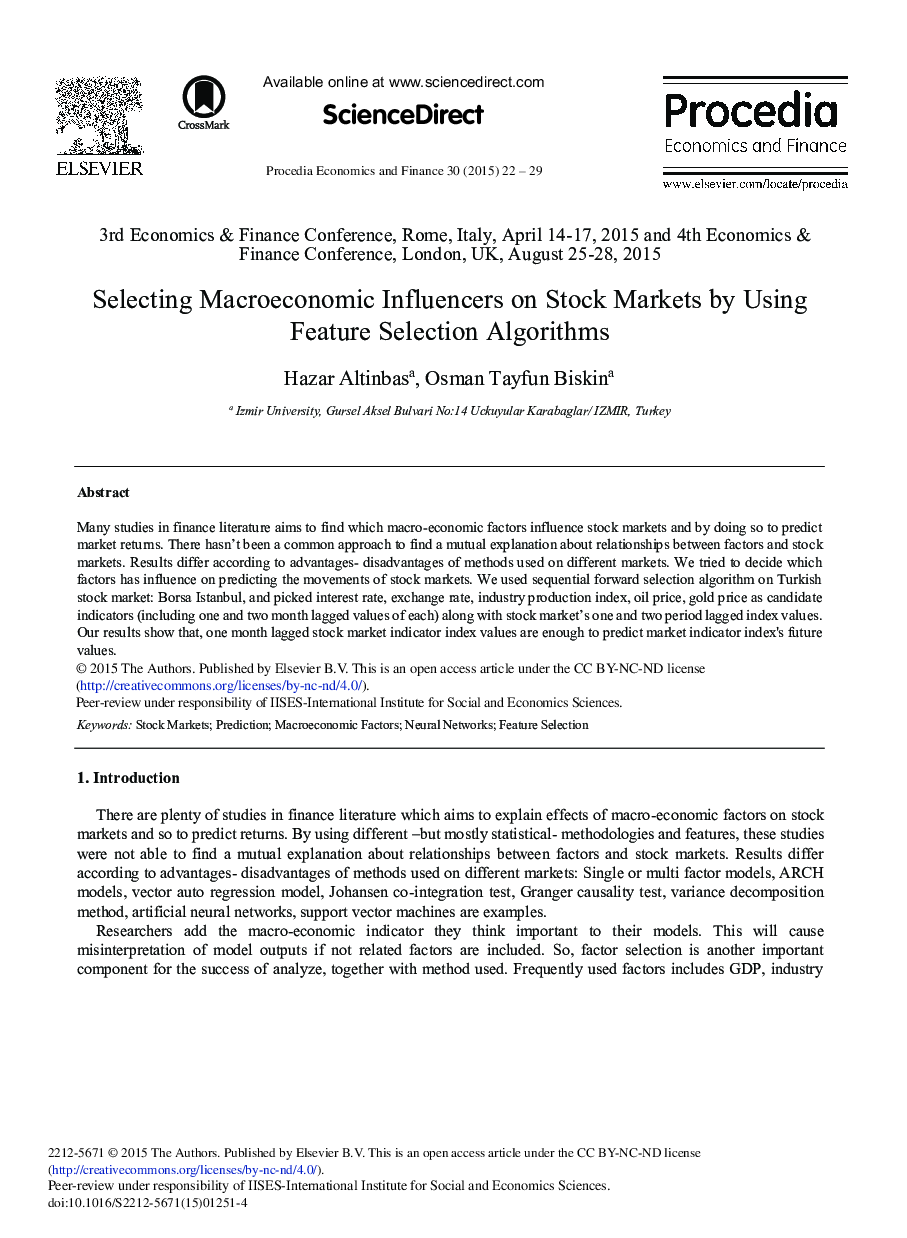 Selecting Macroeconomic Influencers on Stock Markets by Using Feature Selection Algorithms 