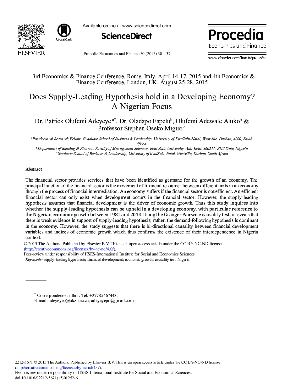Does Supply-leading Hypothesis Hold in a Developing Economy? A Nigerian Focus 