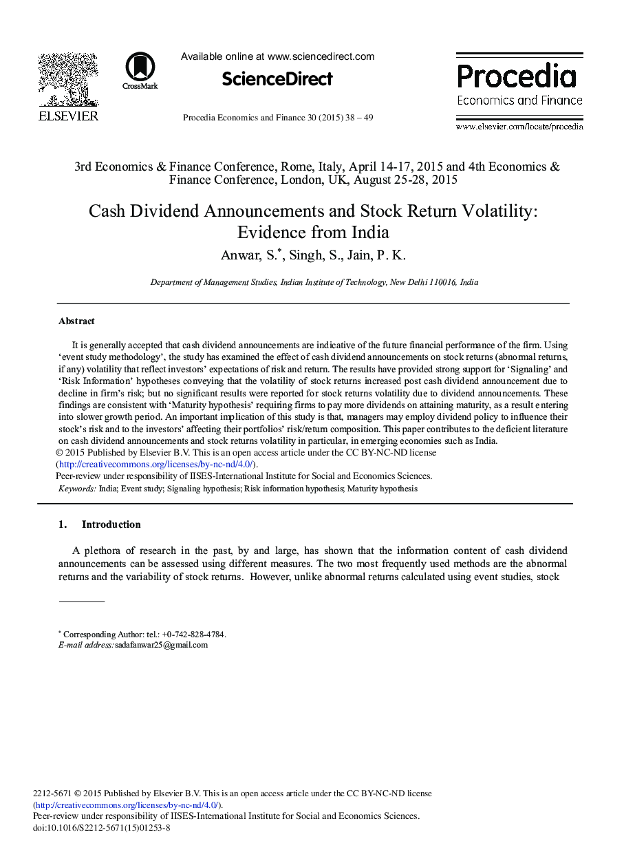 Cash Dividend Announcements and Stock Return Volatility: Evidence from India 