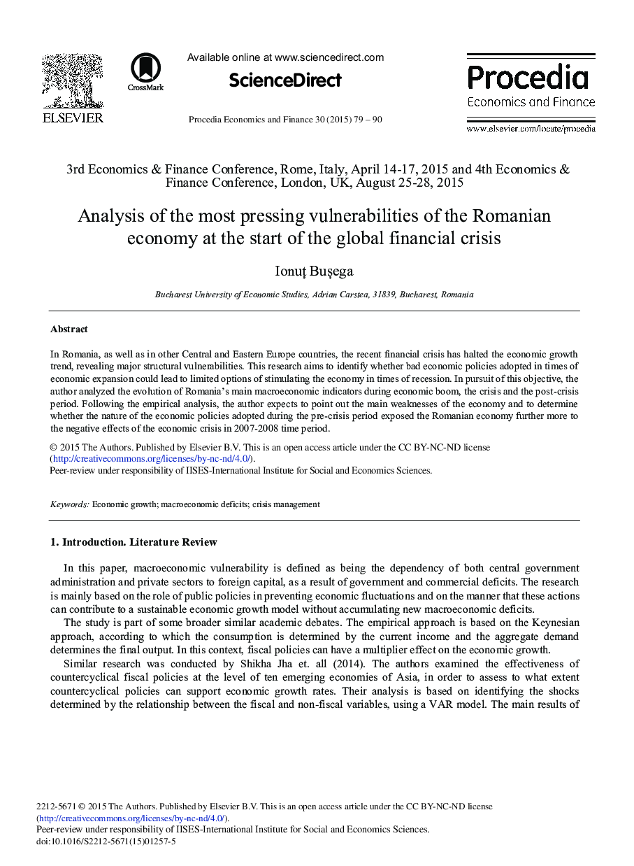 Analysis of the most Pressing Vulnerabilities of the Romanian Economy at the Start of the Global Financial Crisis 