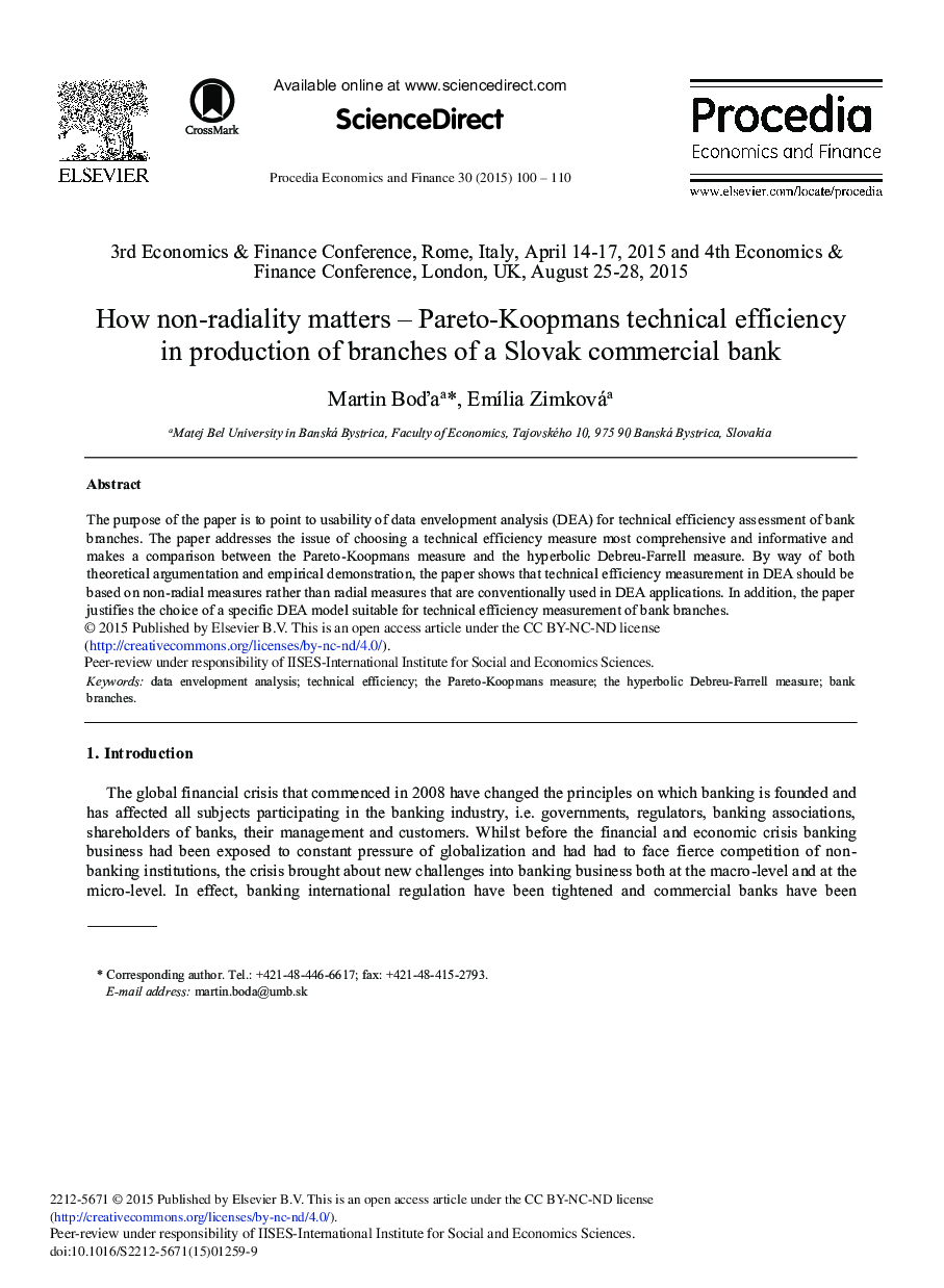 How Non-radiality Matters – Pareto-koopmans Technical Efficiency in Production of Branches of a Slovak Commercial Bank 