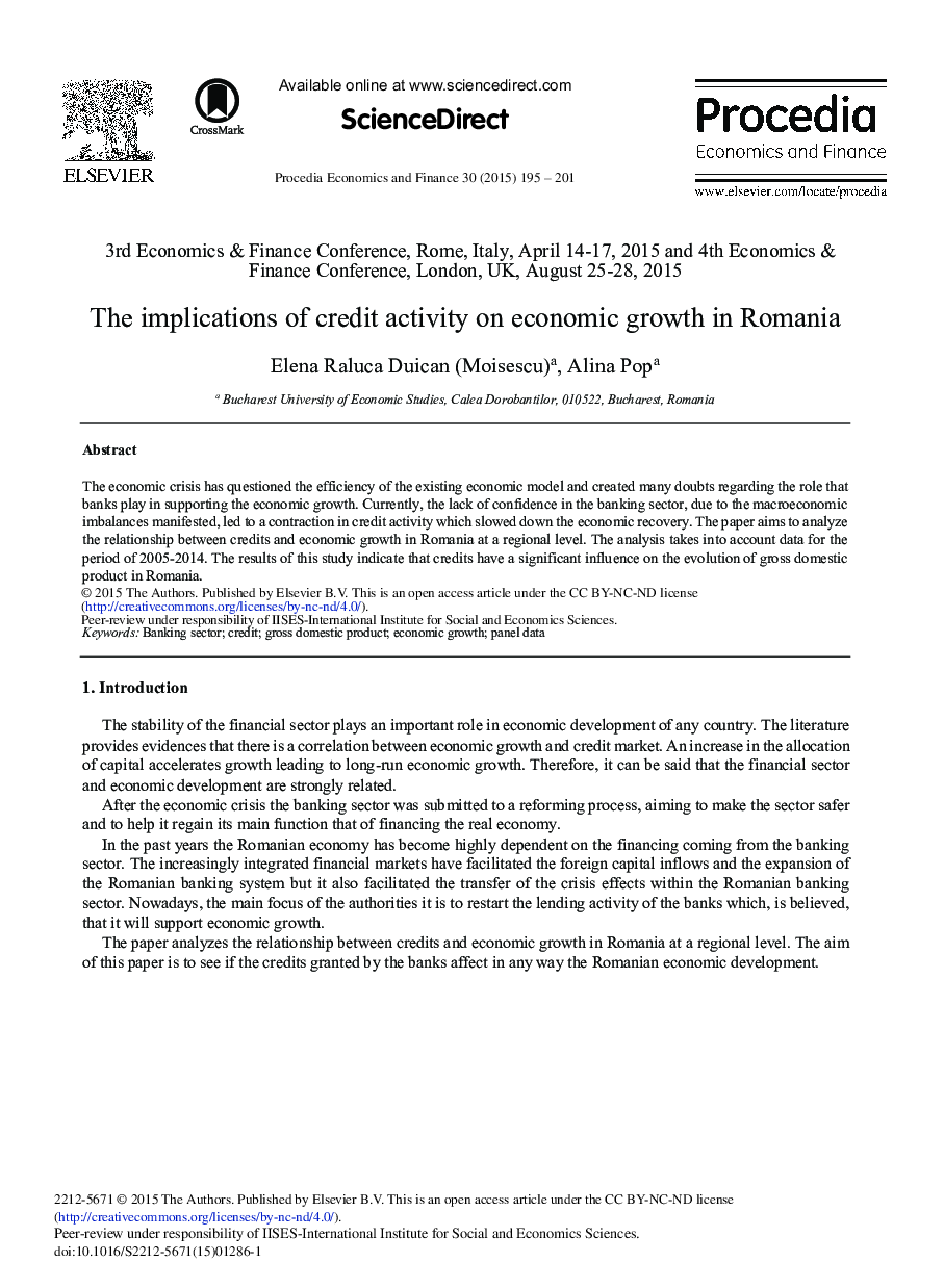 The Implications of Credit Activity on Economic Growth in Romania 