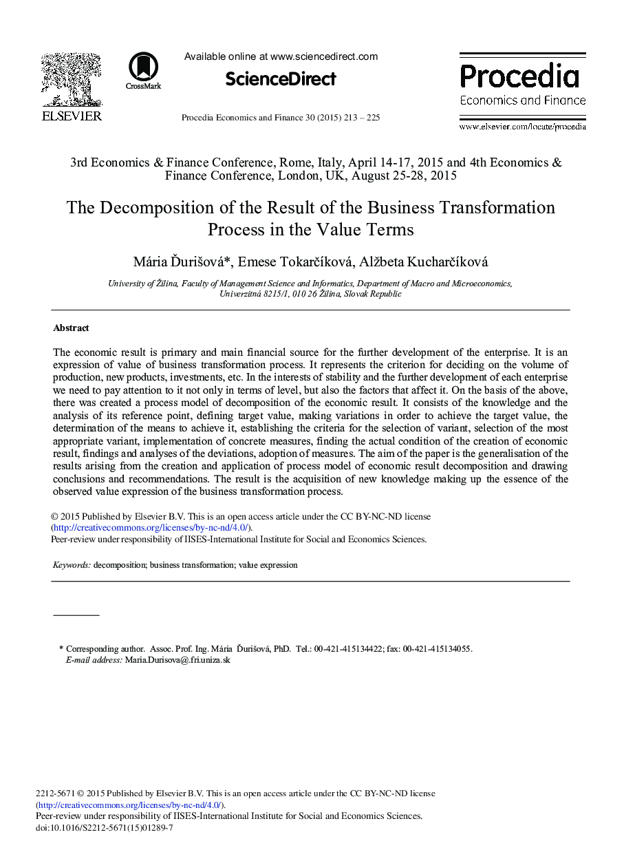 The Decomposition of the Result of the Business Transformation Process in the Value Terms 