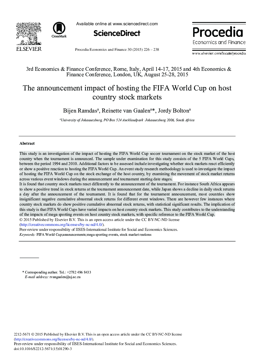 The Announcement Impact of Hosting the FIFA World Cup on Host Country Stock Markets 