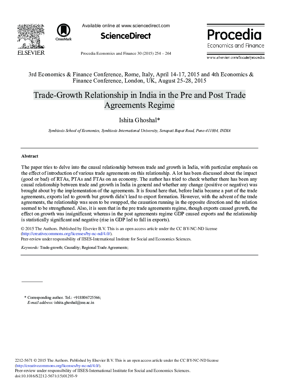 Trade-growth Relationship in India in the Pre and Post Trade Agreements Regime 