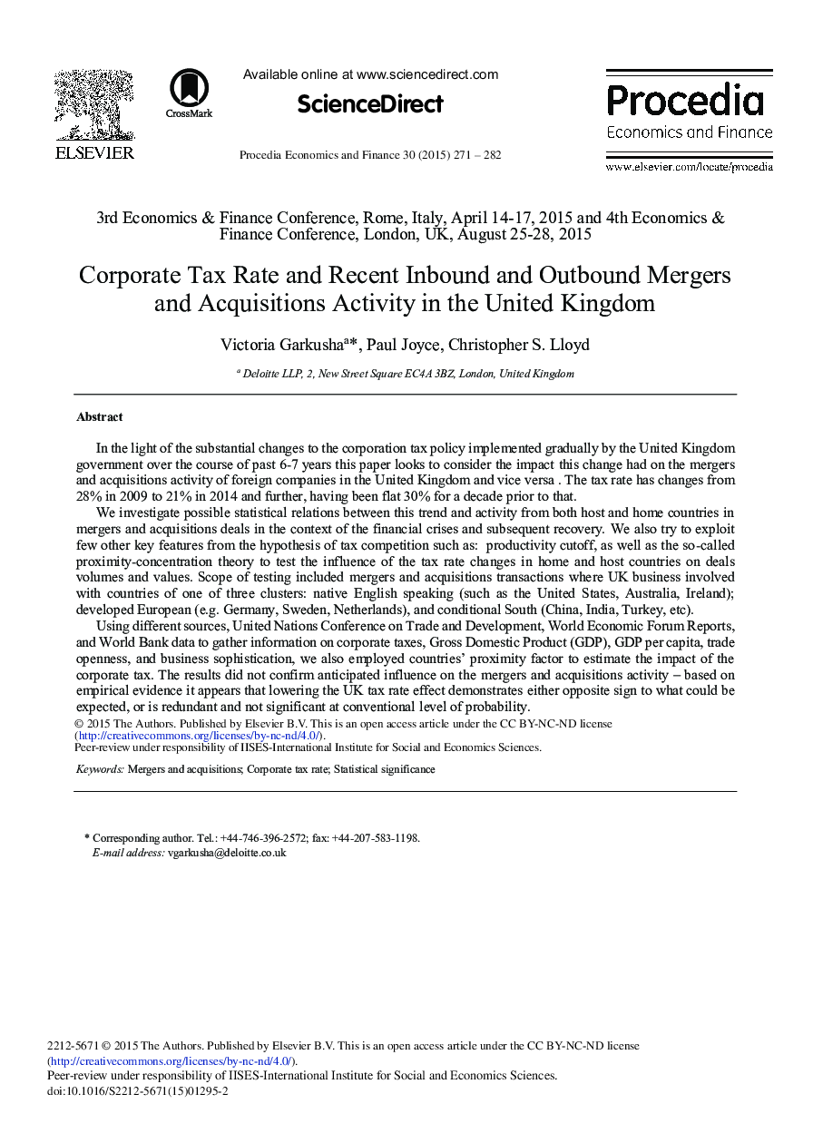 Corporate Tax Rate and Recent Inbound and Outbound Mergers and Acquisitions Activity in the United Kingdom 