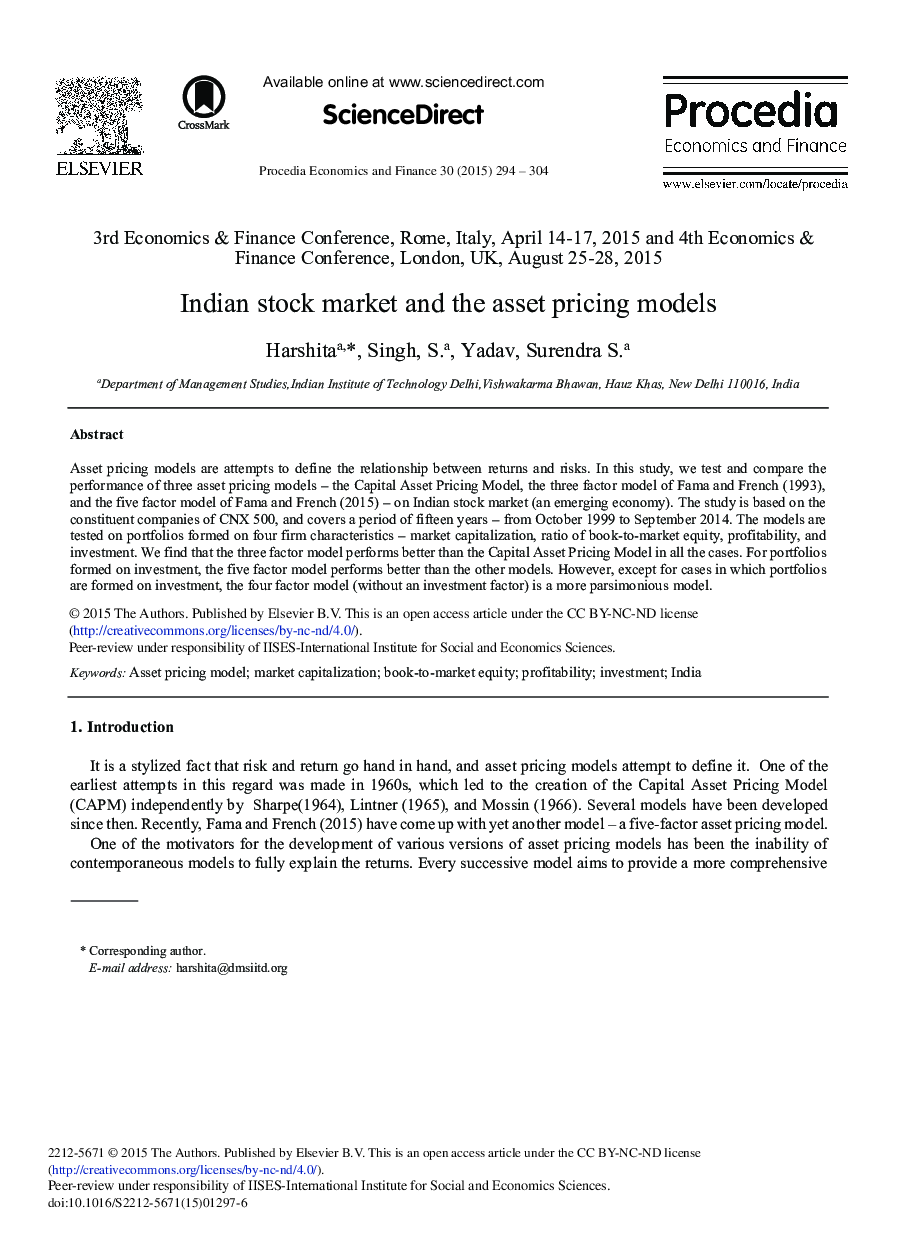 Indian Stock Market and the Asset Pricing Models 