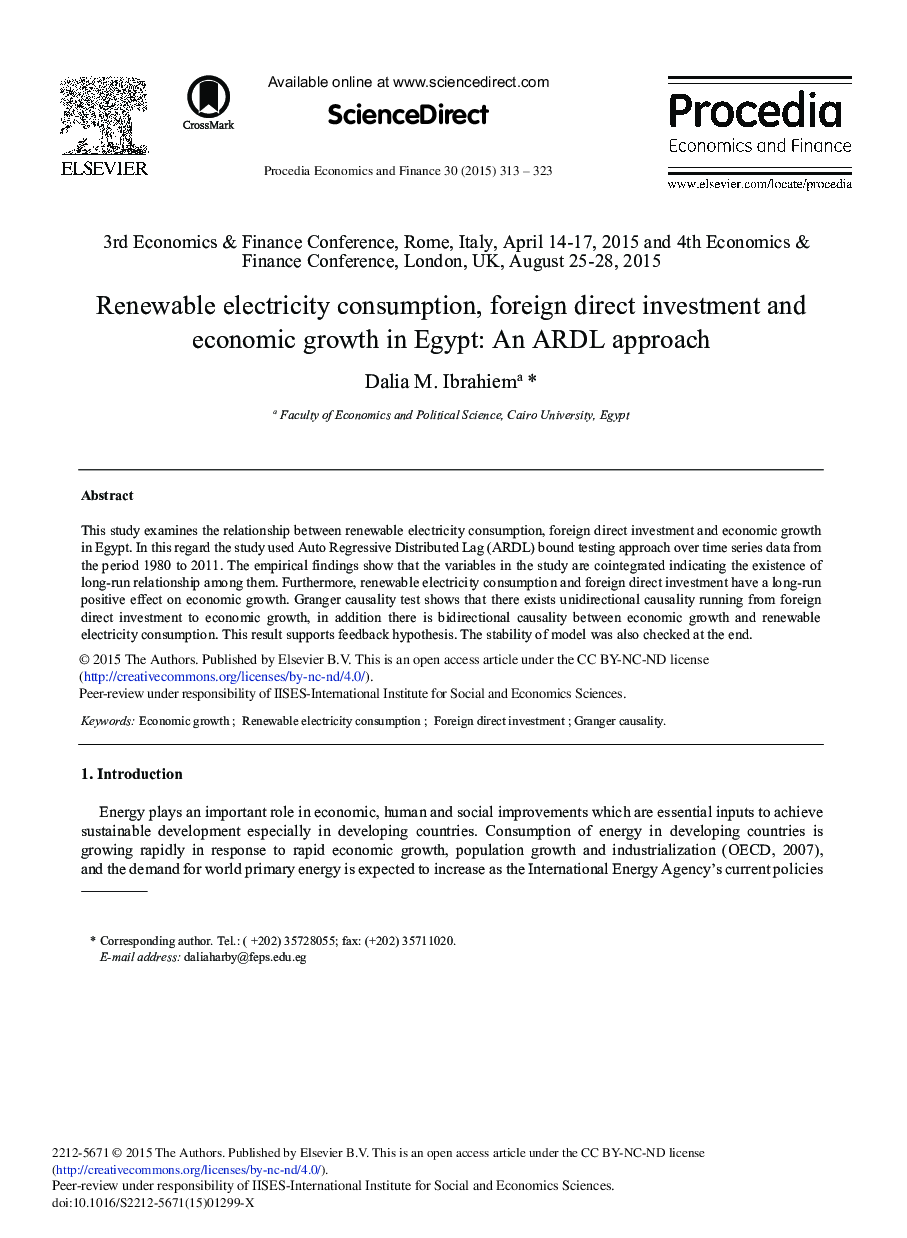 Renewable Electricity Consumption, Foreign Direct Investment and Economic Growth in Egypt: An ARDL Approach 