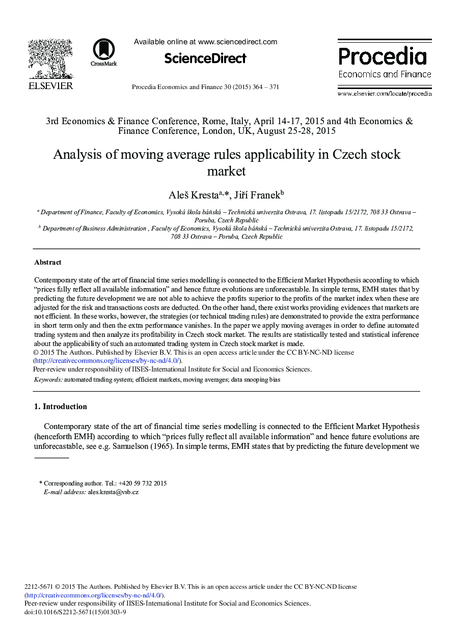 Analysis of Moving Average Rules Applicability in Czech Stock Market 