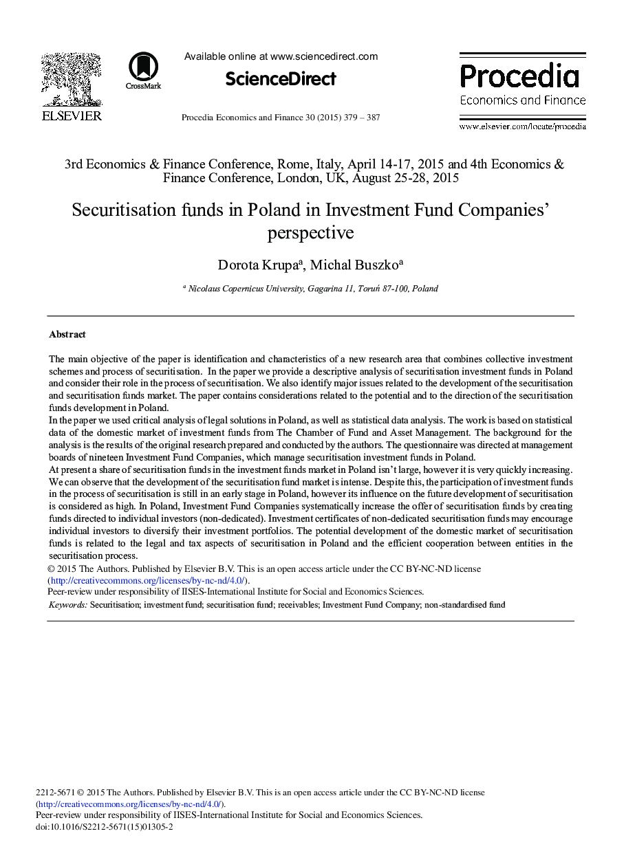 Securitisation Funds in Poland in Investment Fund Companies’ Perspective 