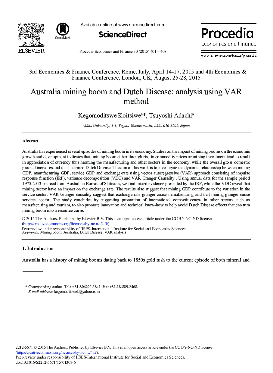 Australia Mining Boom and Dutch Disease: Analysis Using VAR Method 