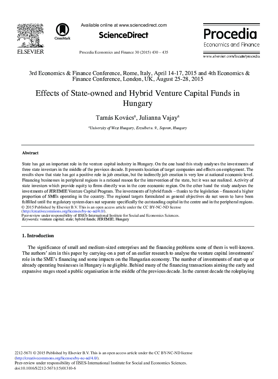Effects of State-owned and Hybrid Venture Capital Funds in Hungary 