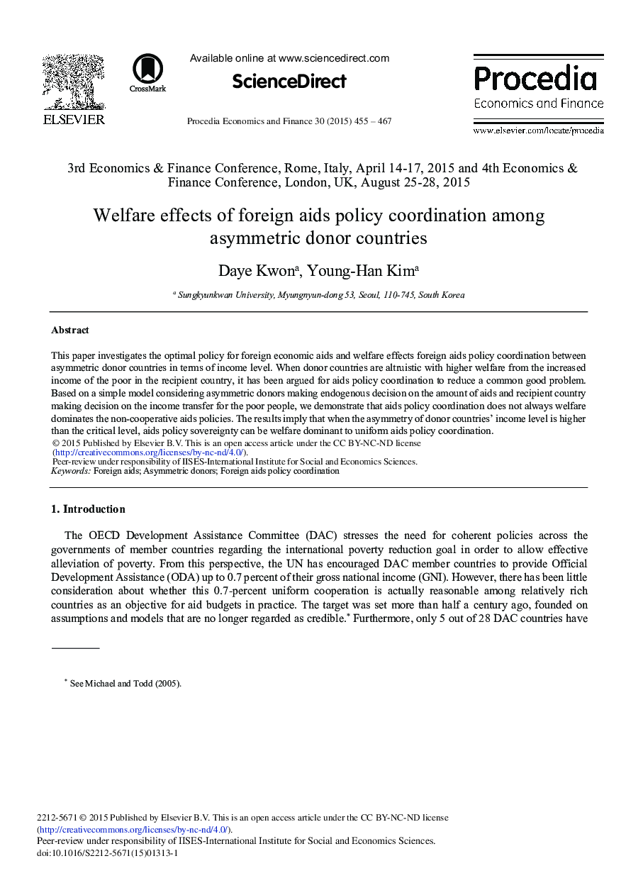 Welfare Effects of Foreign Aids Policy Coordination among Asymmetric Donor Countries 