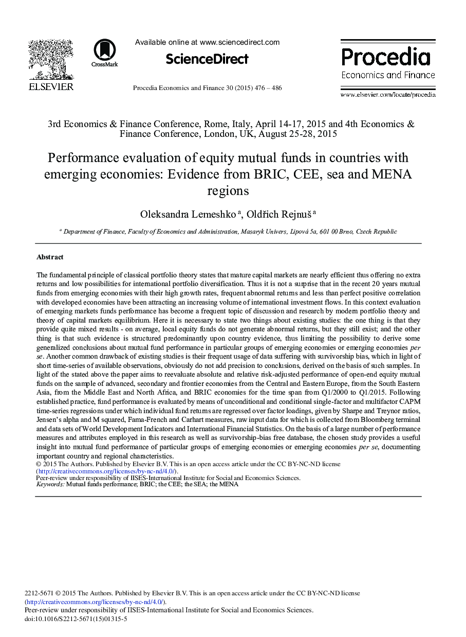 Performance Evaluation of Equity Mutual Funds in Countries with Emerging Economies: Evidence from BRIC, CEE, sea and MENA Regions 