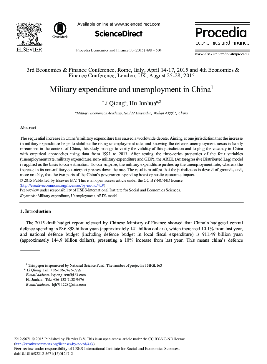 Military Expenditure and Unemployment in China1 