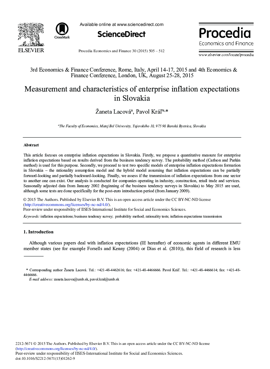 Measurement and Characteristics of Enterprise Inflation Expectations in Slovakia 