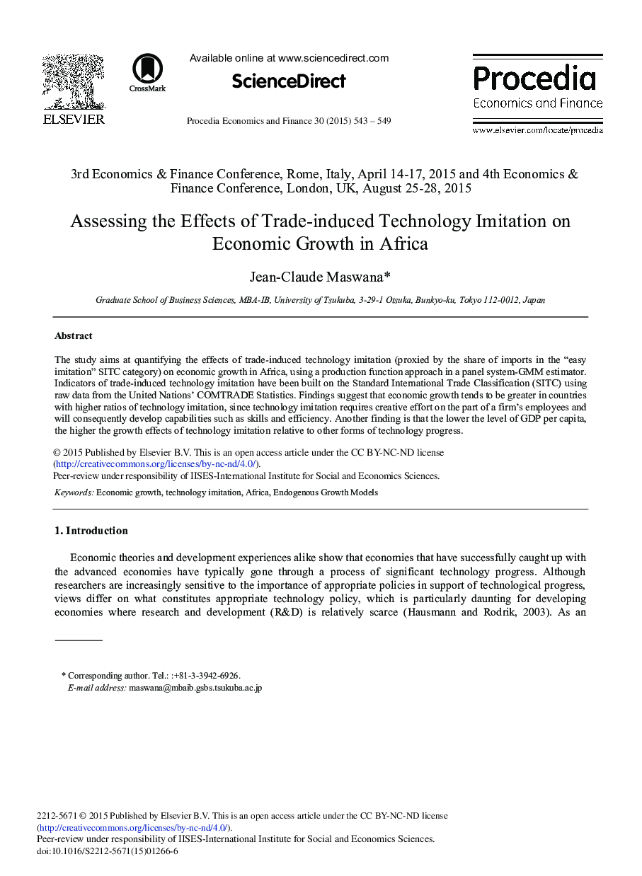 Assessing the Effects of Trade-induced Technology Imitation on Economic Growth in Africa 