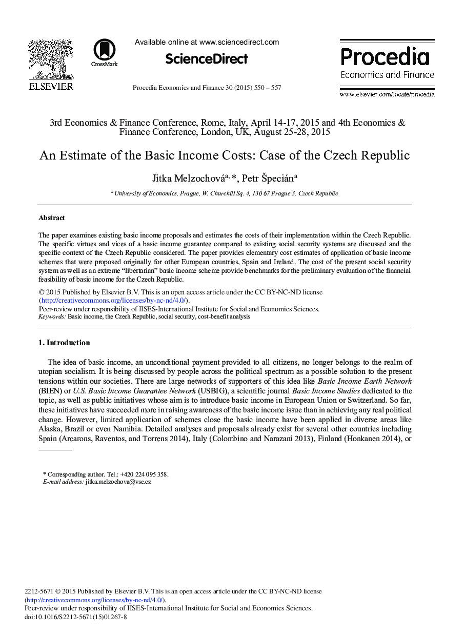 An Estimate of the Basic Income Costs: Case of the Czech Republic 