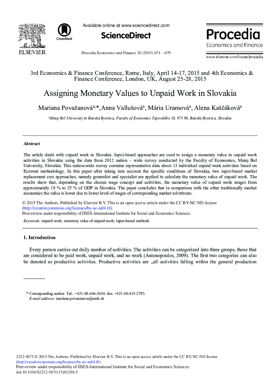 Assigning Monetary Values to Unpaid Work in Slovakia 