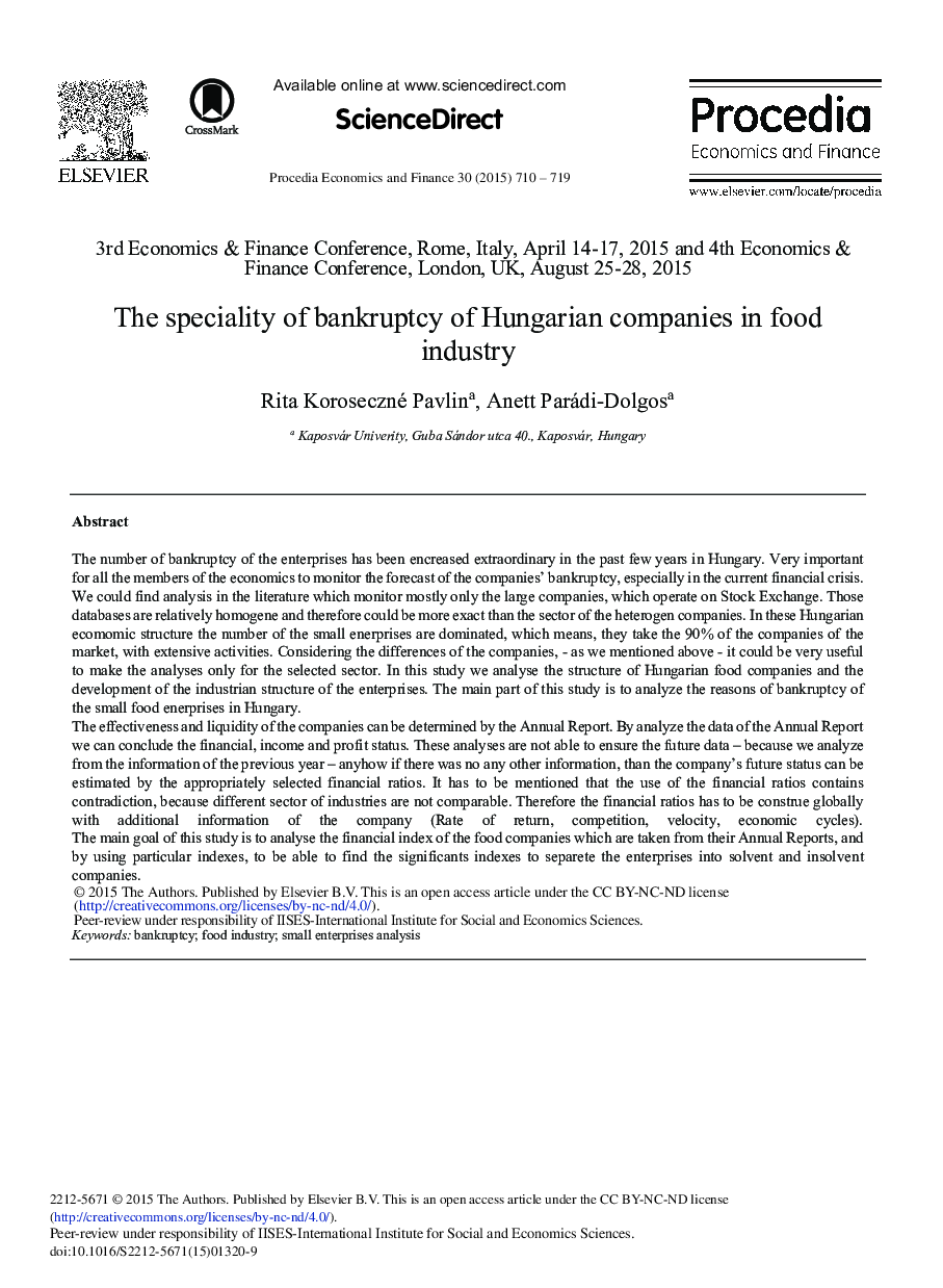 The Speciality of Bankruptcy of Hungarian Companies in Food Industry 