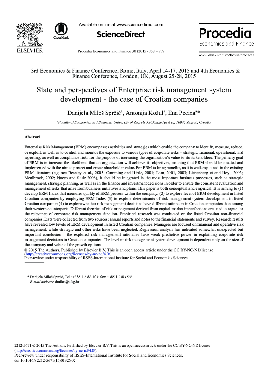 State and Perspectives of Enterprise Risk Management System Development - The Case of Croatian Companies 